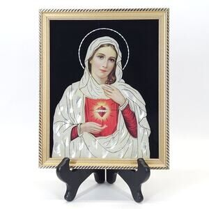 Vtg Sacred Heart of Virgin Mary Art Frame Pearl Inlay Religious Altar Decor 9x11